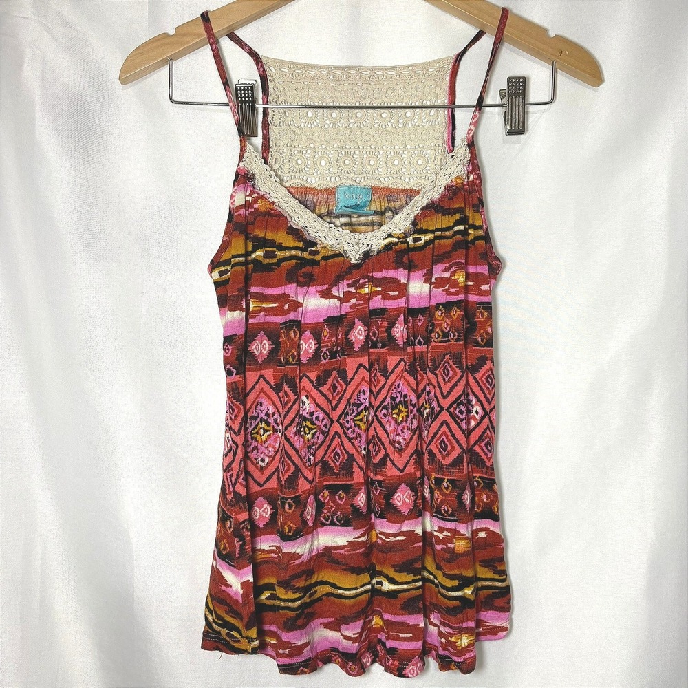 H.I.P. Happening in the Present Vintage Tribal Print Crochet Lace Cami Top Med